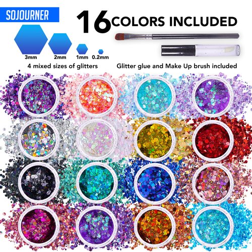 Chunky Holographic Body Glitter I 16 Colors + Glitter Glue for Face Glitter Makeup, Hair, Eye & Fine Glitter Eyeshadow - Perfect for Halloween, Slime, Resin, Tumblers, Craft, Cosmetic & Nail Art
