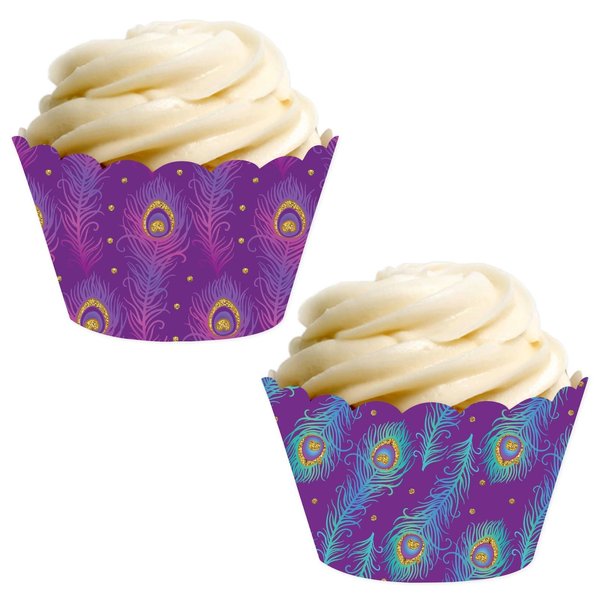 Andaz Press Party Cupcake Wrapper Decorations, Violet Purple and Blue Peacock Feathers, 24-Pack, Theme Colored Bulk Cake Supplies