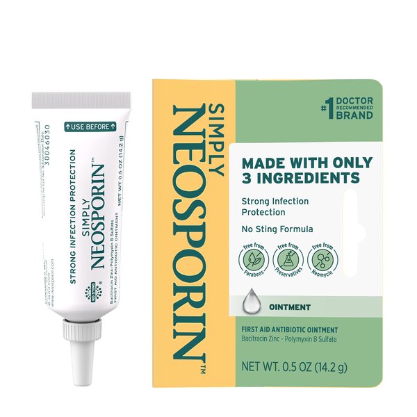 Neosporin Simply Formula 3-Ingredient First Aid Antibiotic Ointment and Wound Care Treatment with Bacitracin Zinc and Polymyxin B Sulfate, Preservative-, Paraben- and Neomycin-Free, 0.5 oz