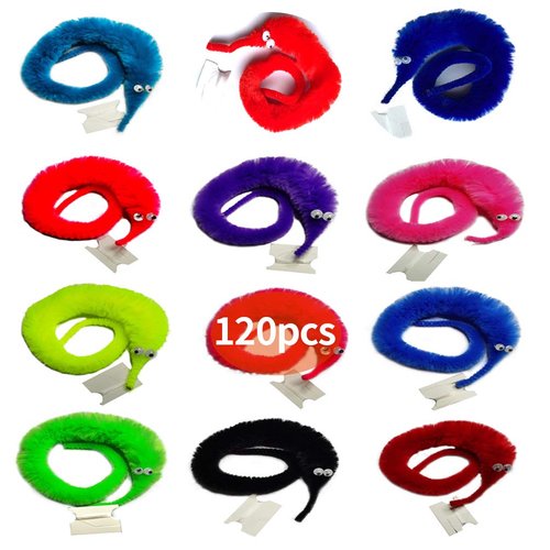 LE TOOTER 60 Pack Fuzzy Worm Toys String Pets Fuzzy Worms On String Bulk Trick Toy Party Favors for Kid Cat (12 Colors)