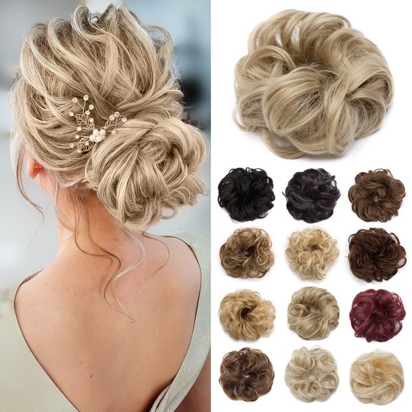 Benehair Messy Bun Hair Piece Scrunchy Updo Hair Pieces for Women Fluffy Wavy Hair Bun Scrunchies Donut Hairpiece Synthetic Chignons with Elastic Rubber Band Ash Blonde 1pc 25g