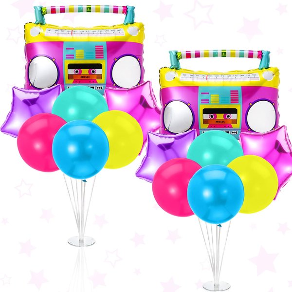 Realspring 2 Sets Boombox Balloon 80s 90s Party Decorations Table Centerpiece Stand Kit with Radio Boombox Star Foil Balloons and Latex Balloons for Roller Skate Disco Hip Hop Birthday Party Decor