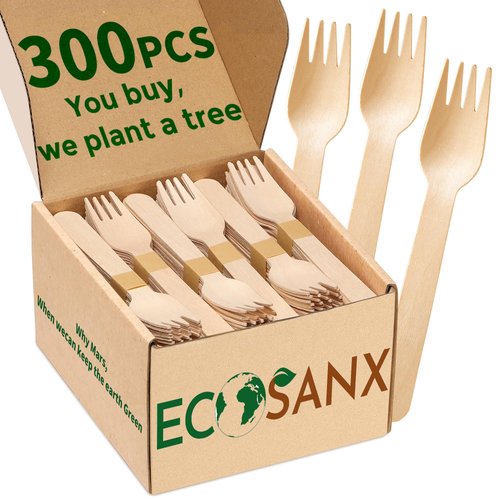 ECOSANX® 300 PCs Wooden forks for eating 6.5" Splinter Free Compostable Forks, Eco-Friendly Wooden Cutlery for Party & Outdoor, Disposable forks for Camping, Events & More