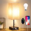 GGOYING Bedside Table Lamp, Pull Chain Table Lamp with USB C+A Charging Ports, 2700K LED Bulb, Fabric Linen Lampshade, Nightstand Lamp for Livingroom Bedroom Office Reading Working