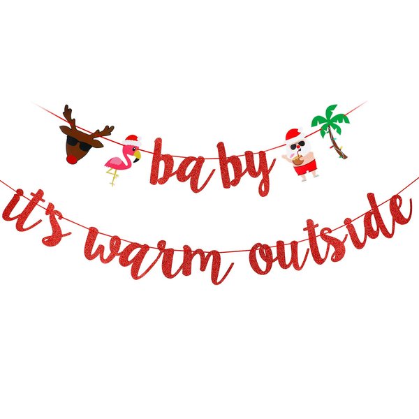 Baby Its Warm Outside Banner Red Glitter, Christmas July Party Banner Decorations July Mele Kalikimaka Christmas Decorations,Tropical Christmas Party Banner Decorations