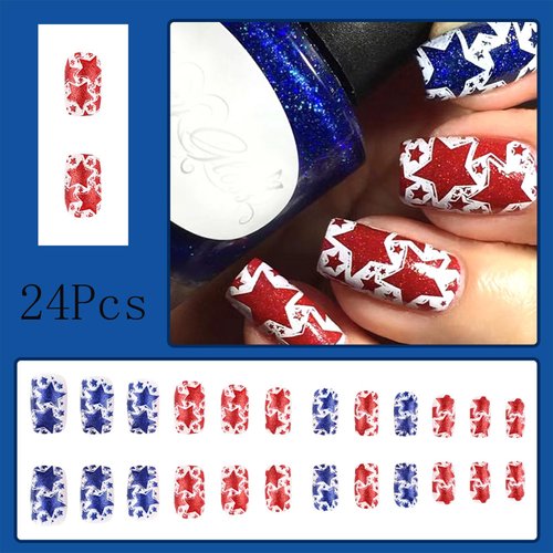 Independence Day Press on Nails 4th of July Medium Square Fake Nails American Flag Five-pointed Glue on Nails with Big Small Star Design Silver Glitter False Nails Sparkly Manicure for Women 24Pcs