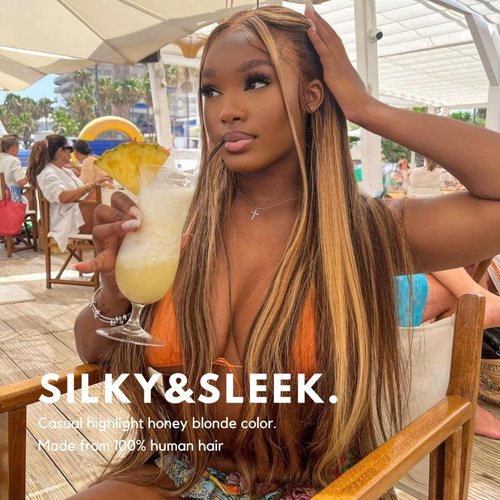 HERMOUS 12A Double Drawn Highlight Honey Blonde Full Thick Raw Virgin Human Hair Straight 3 Bundles, Shed And Tangle Free Colored 4/27 Real Piano Color Ombre Human Hair Bundles Quick Weave 16 18 20 IN