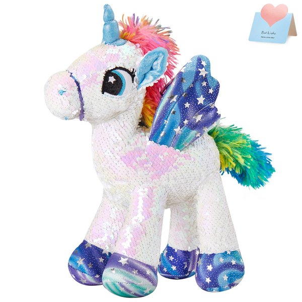 Athoinsu Unicorn Stuffed Animal Plush Reversible Glitter Sequins Children's Day Birthday Holiday Christmas Valentine's Day Gifts for Girls Toddlers, White, 13"