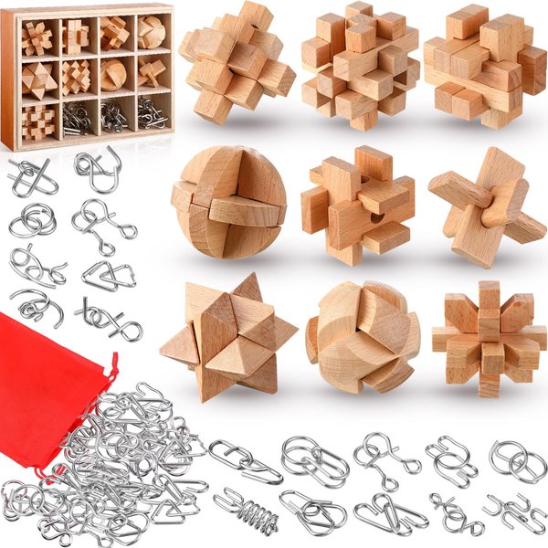Yilloog 45 Pcs Brain Teaser Puzzles for Adults, Wooden and Metal Mind Games Puzzles Set for 36 3D Brain Games Unlock Interlock Puzzles and 9 Wooden Puzzles IQ Test Toys for Challenging Games