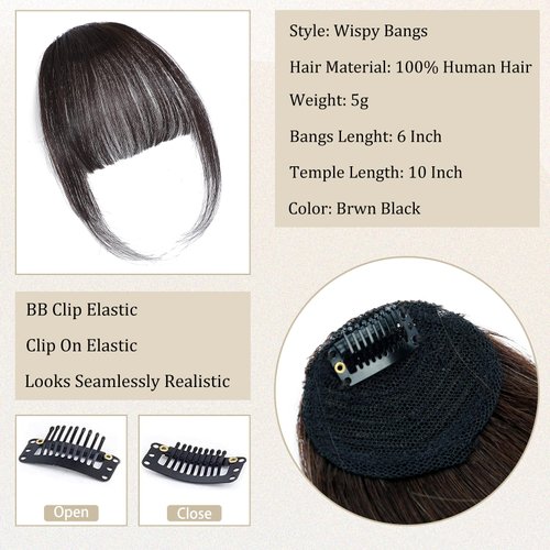 Clip in Bangs 100% Human Hair Bangs Brown Black Fake Bangs Clip on Bangs for Women Girls Faux Bangs Clip in Hair Extensions With Hair Roller for Daily Wear