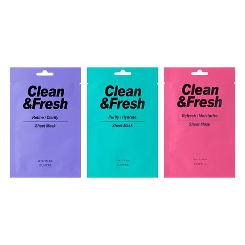 EUNYUL [PACK OF 10] Clean & Fresh Sheet Mask 22 ml / 0.74 fl.oz. 10 types Korean Sheet Mask Bundle Pack For All Skin Type Face Mask Pack