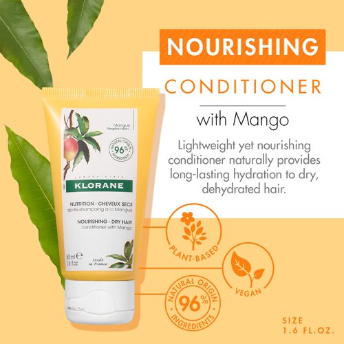 Klorane Nourishing Conditioner with Mango Butter, Moisturize and Hydrate Dry Hair, Paraben, Silicone, Sulfate Free, 1.6 oz.