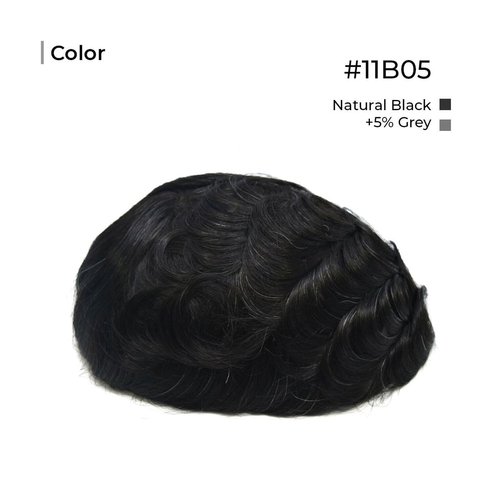 Superhairpieces NM101B Men's Toupee, Indian Remy Hair, 0.2mm Thin PU Skin 7" x 9" Base Mens Wigs, 100%-110% Med-High Density Long-Lasting Mens Hairpiece (Natural Black + 5% Synthetic Grey Hair)