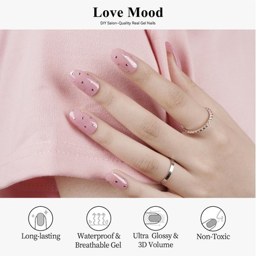 Drizzle Semi Cured Gel Nail Strips, Real Nail Polish Art Stickers (UV/LED Light Required),Glossy,Glitter, Solid Color, Full Nail Wraps Long Lasting Waterproof, Nail Strips Decal for Women (Love Mood)