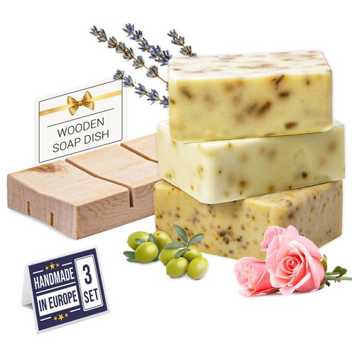 HARMONIFY All Natural Set of Soap Bars (Rose, Lavender, Olive Oil) with Wooden Soap Dish, Assortment of Natural Hand-Made Soaps, Skin Revitalizing and Moisturizing, Healthy, Made in Europe