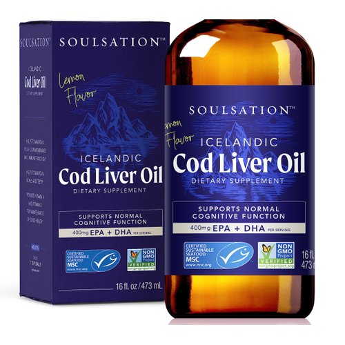 SOULSATION Icelandic Cod Liver Oil Liquid, Lemon (16oz) - Vitamins A & D, EPA & DHA - Helps Vision, Skin Membranes & Immune Function - MSC Certified, Non-GMO