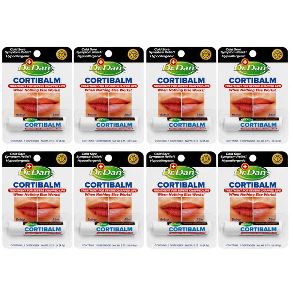 Dr. Dan's Cortibalm -8 pack-for Dry Cracked Lips - Healing Lip Balm for Severely Chapped Lips - Designed for Men, Women and Children