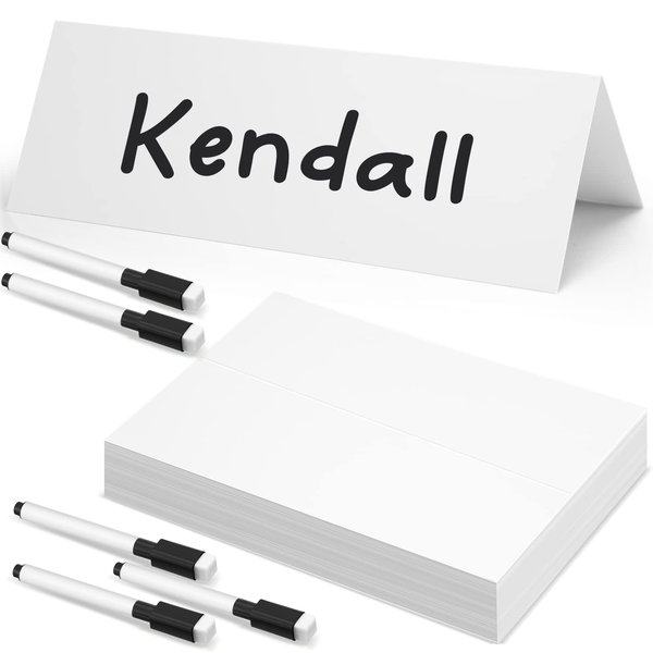 Seajan 100 Pcs Dry Erase Tent Cards 8.5" x 6" Reusable Name Cards White Table Name Cards Wedding Guest Name Tents Dry Erase Table Tent Cards with 5 Black Markers for Classroom Workplace Wedding