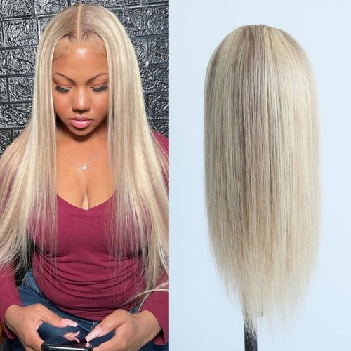Aprilhair Pre-plucked Ombre #8/613 Light Brown Blonde Highlight Lace Front Wigs Straight Glueless 150% Density Brazilian Virgin Human Hair (16 INCH, 8/613 Lace Front Wig)
