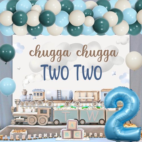 JOYMEMO Blue Train 2nd Birthday Party Decorations Boys, Train Balloon Garland Arch, Number 2 Balloon with Chugga Chugga Two Two Backdrop for 2 Years Old Birthday Party Supplies
