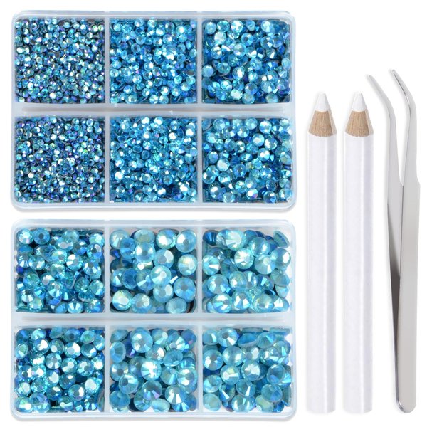 LPBeads 6400 Pieces Aquamarine Blue AB Hotfix Rhinestones Flat Back 5 Mixed Sizes Crystal Round Glass Gems with Tweezers and Picking Rhinestones Pen