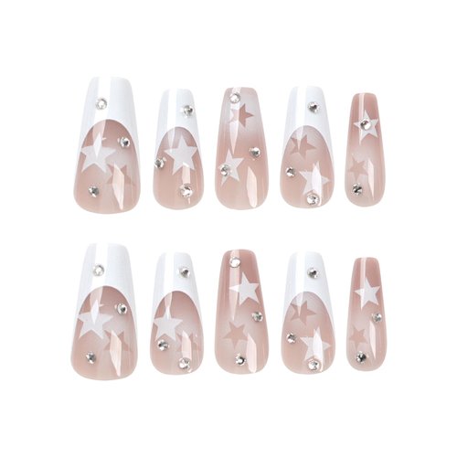 MISUD Press on Nails Long Coffin Fake Nails Glossy Glue on Nails Star Acrylic Nails Ballerina White French Tip Artificial Nails Rhinestone Stick on False Nails with Design 24 pcs