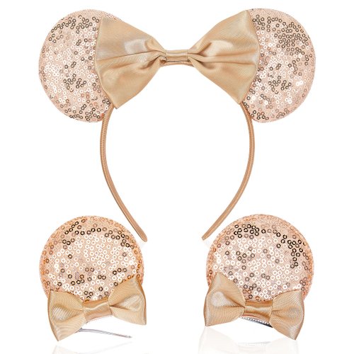 Akkya Mouse Ears Headband Hair Clips Accessories for Women Girl Kid Adult Birthday Party Princess Park Costume Mini Bow Gift Glod