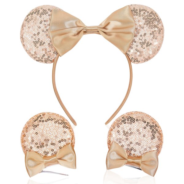 Akkya Mouse Ears Headband Hair Clips Accessories for Women Girl Kid Adult Birthday Party Princess Park Costume Mini Bow Gift Glod