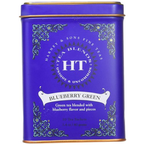 Harney & Son's Blueberry Green Tea Tin 20 Sachets (1.4 oz ea, Two Pack) - Green Tea Blend with Real Blueberry Flavor and Pieces (Hot or Iced) - 2 Pack 20ct Sachet Tins (40 Sachets)