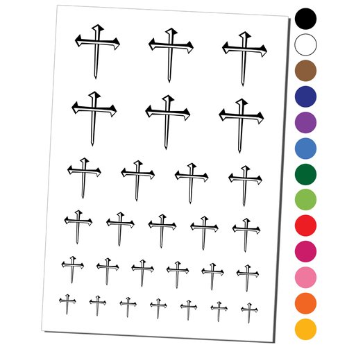 Three 3 Nails Cross Christian Stylized Temporary Tattoo Water Resistant Fake Body Art Set Collection - Black (One Sheet)