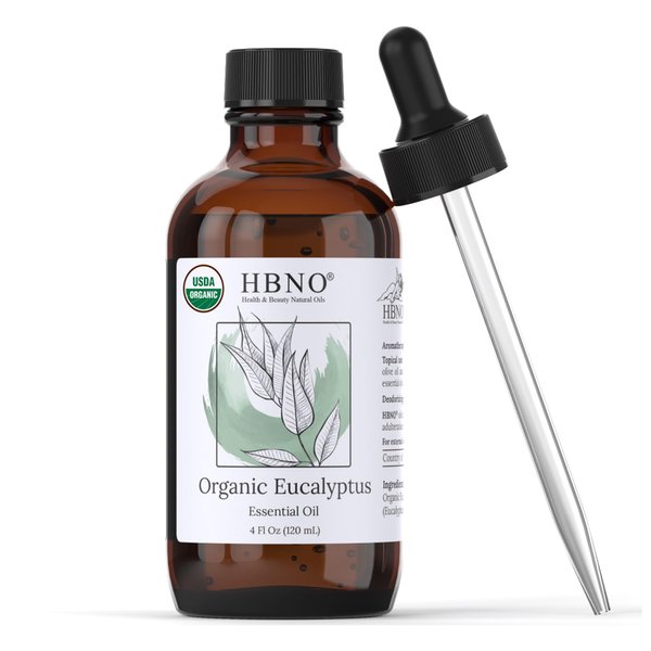 HBNO Organic Eucalyptus Essential Oil (Globulus) - Huge 4 oz (120ml) Value Size - USDA Certified Organic Eucalyptus Essential Oil for Diffuser, Soap Making, DIY, Shower