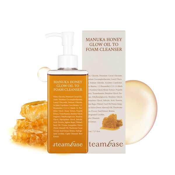 STEAMBASE Manuka Honey Glow Oil to Foam Cleanser | Daily Facial Cleanser for Sensitive Skin | Moisturizing, Foaming Face Wash for Normal to Dry Skin | Cleanse Makeup from Face | 7.27 fl.oz.