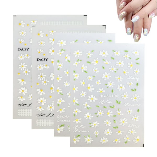 4 Sheets White Daisy Flower Nail Stickers For Nail Art,5D Embossed Daisy Blossom Flowers Petals Nail Design Nail Art Stickers Spring Summer Floral Nail Decals Nail Decor Nail Supplies Nail Accessories