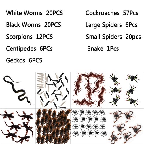 Whaline 148 Pieces Plastic Bugs Trick Joke Decoration Scary Insects Fake Snake Cockroaches Spiders Halloween Party Favors April Fools Day Decoration (9 Types)