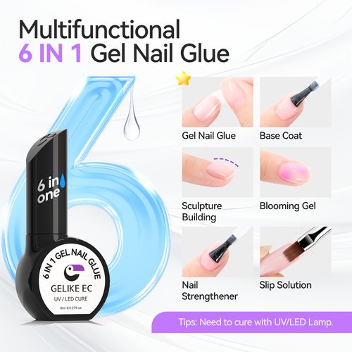 Gelike EC Gel Nail Glue UV - 6 in 1 Gel Glue for Nail Tips,Base Coat Free,2PCS Strong Adhesive for Press on Nails Acrylic Tips