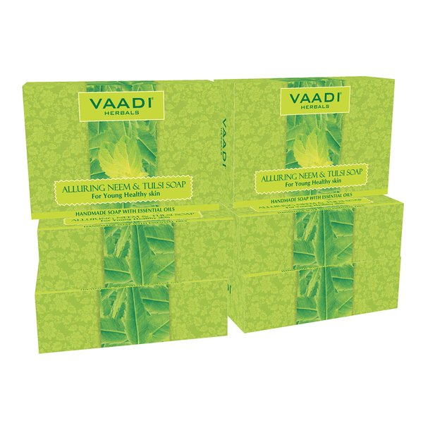 Vaadi Herbals Neem Tulsi Bar Soap with Tea Tree Oil - Handmade Herbal Soap with 100% Pure Essential Oils - ALL Natural - Each 2.65 Oz - Pack of 6 (16 Oz)