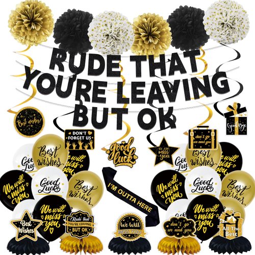 KMCCUMBER Rude That You're Leaving But OK Banner Farewell Decorations Party Include Banner Hanging Swirls Balloons Honeycomb Centerpieces Sash, Going Away Party Decorations