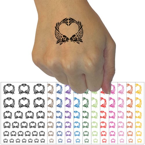 Pair of Fish Love Heart Valentine's Day Temporary Tattoo Water Resistant Fake Body Art Set Collection - Brown (One Sheet)
