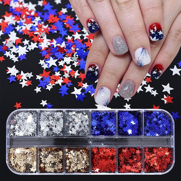 12 Grids 4th of July Holographic Nail Art Glitters Sequins Independence Day Star Nail Sequins Red Blue Mixed Star Nail Glitter Laser Star Nail Shining Flakes Nail Decor for Women Girls Decorations