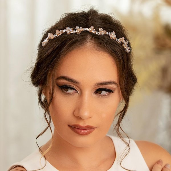Formery Beaded Wave Headband Gold Crystal Beads Hairband Party Prom Wedding Handmade Rhinestones Headpiece for Women and Girls