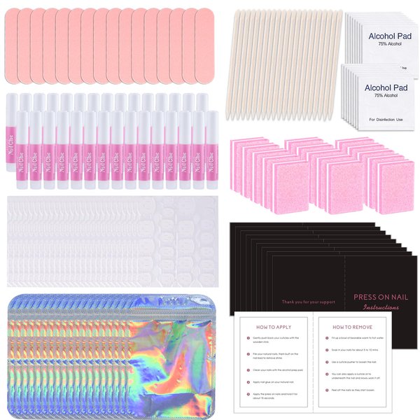 50 Set Press On Nail Tool Prep Kit for Nail Salon Business, Disposable Manicure Kit, Nail File, Buffer, Nail Glue, Prep Pad, Instruction Card, Adhesive Nail Tabs, Wood Stick, Packaging Bag (B-purple)