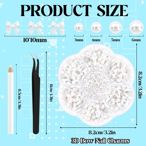 NACHLYNN 630 Pcs Bow Nail Charms White Bowknot 3D Cute Nail Charms Flat Back Pearl White Flatback Pearl Beads for Nail DIY Art Crafts Resin Rhinestones Jewelry Decoration Accessories