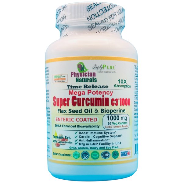 Mega Potency Super Curcumin 1000 mg Time Release Enteric Coated with Bioperine and Flaxseed Oil 10X Absorption Pure Curcumin C3 Turmeric Ext