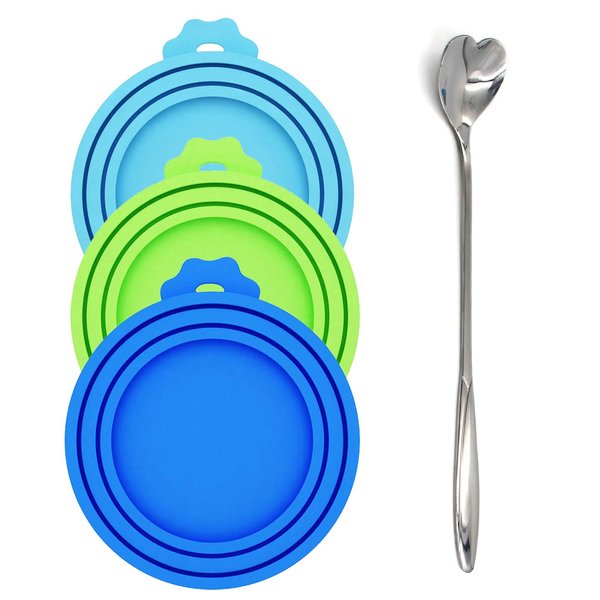 Comtim Pet Food Can Lids, Silicone Can Lids Covers for Dog and Cat Food, Universal Size Fits All Standard Size Dog and Cat Can Tops (3 Pack & Spoon, Multi-colored)