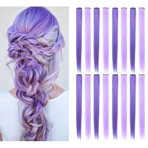 SARARHY Colored Hair Extensions 21 inch Multicolors Party Highlights Straight Hair Extension Clip In/On For girls and Women Costume Wig Pieces 16 PCS (Lavender Light purple)