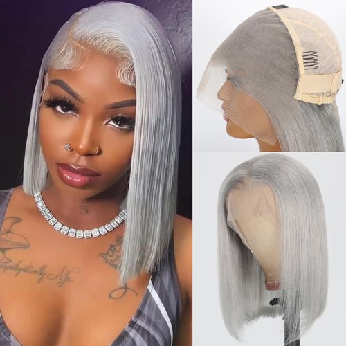 CBQHTY Grey Color Full 13x6 Bob Lace Frontal Wig Human Hair Straight Transparent Lace Front Wigs 180 Density Pre Plucked with Baby Hair Short Glueless Gray Colored Wigs for Black Women