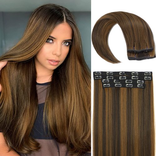 Sué Exquisite Straight Hair Extensions Clip in Long Synthetic Hair Extensions 20 inches Thick Hairpieces for Women (20 Inch, ST-Dark Brown mix Chestnut Blonde)