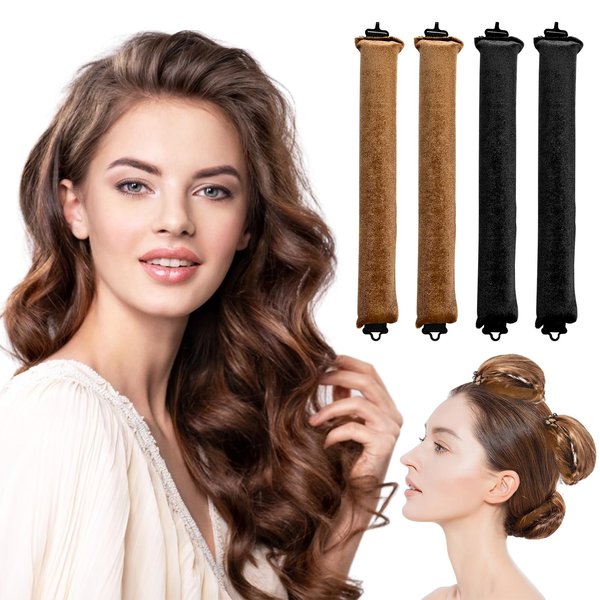 Overnight Blowout Rods, 4PCS Khaki Black Heatless Hair Curler Flexi Rods Overnight Hair Curlers Heatless Hair Rollers, Heatless Curling Rods with Hook Hair Curlers Soft Heatless Curls Heatless Curlers