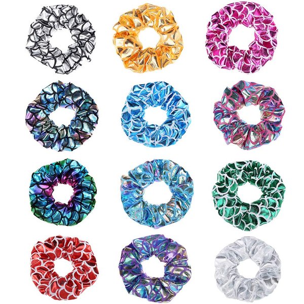 12 Pcs Hair Scrunchies Mermaid Fish Scale Hair Bands Scrunchy Hair Ties Hair Ropes Ponytail Holder Hair Accessories for Women and Girls (Color Random)