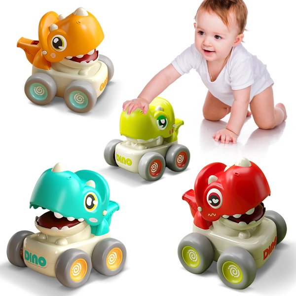 TnLoji Dinosaur Racing Cars for Toddlers 1-3, Baby Press and Go Car Toys, Infant Play Vehicle Set with Whistle, Baby Push Go Friction Car Toys for 18M+, 1st Birthday Gift for 1 2 Years Old Boys Girls